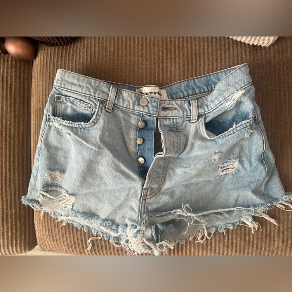 Reformation Light Blue Frayed Denim Shorts